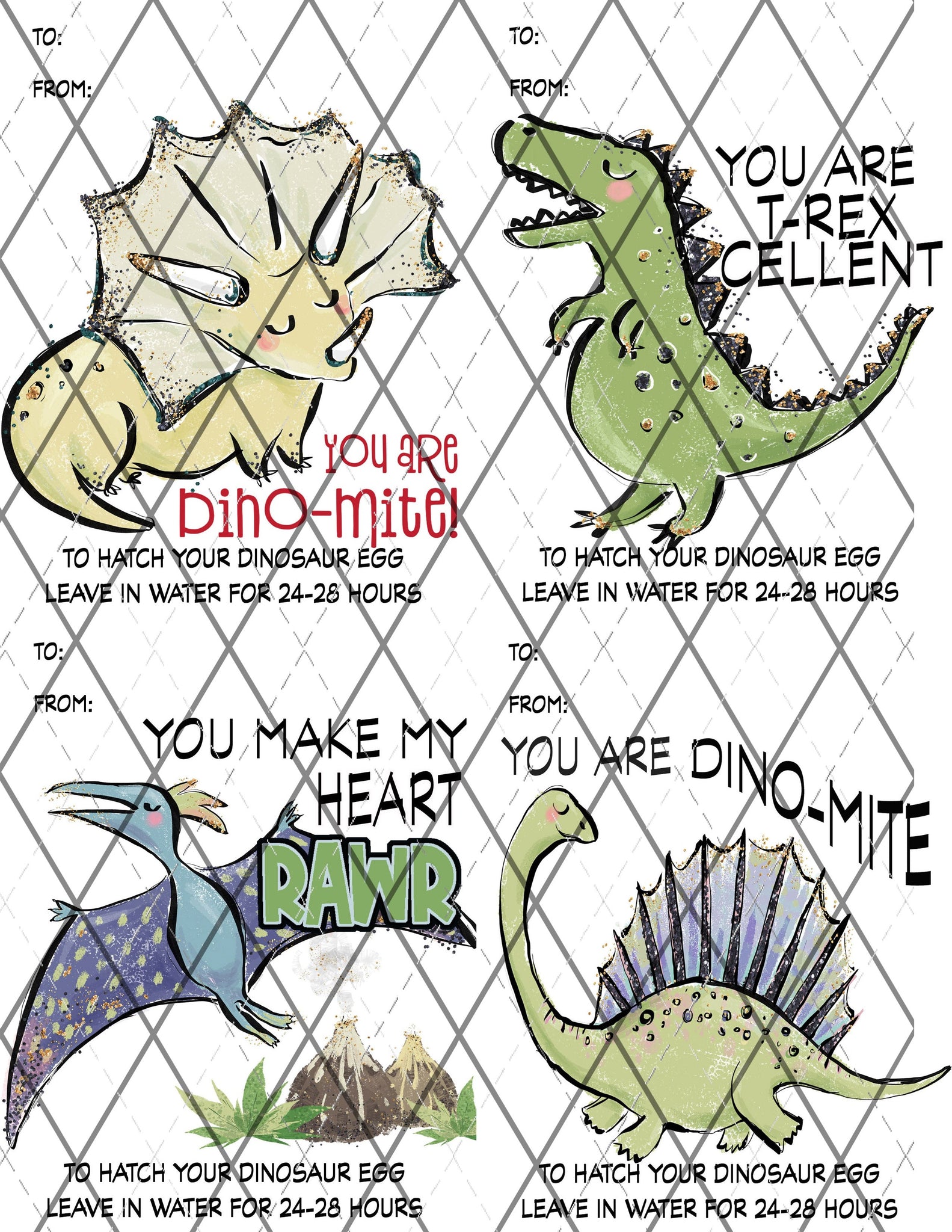 Dinosaur Valentine printed cards with bags and eggs - sold individually