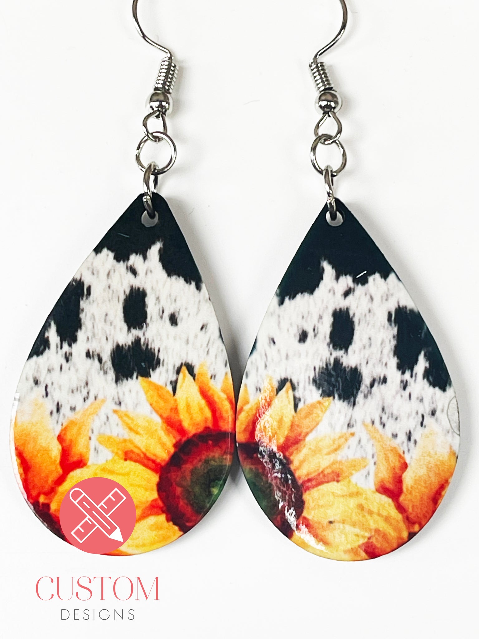 Cow Print and  Sunflower Teardrop earrings