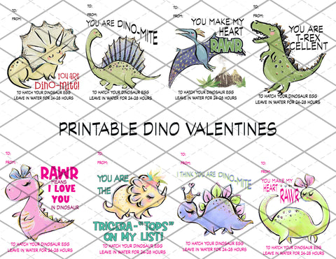 Dinosaur valentine printables - set of 8- PNG Files