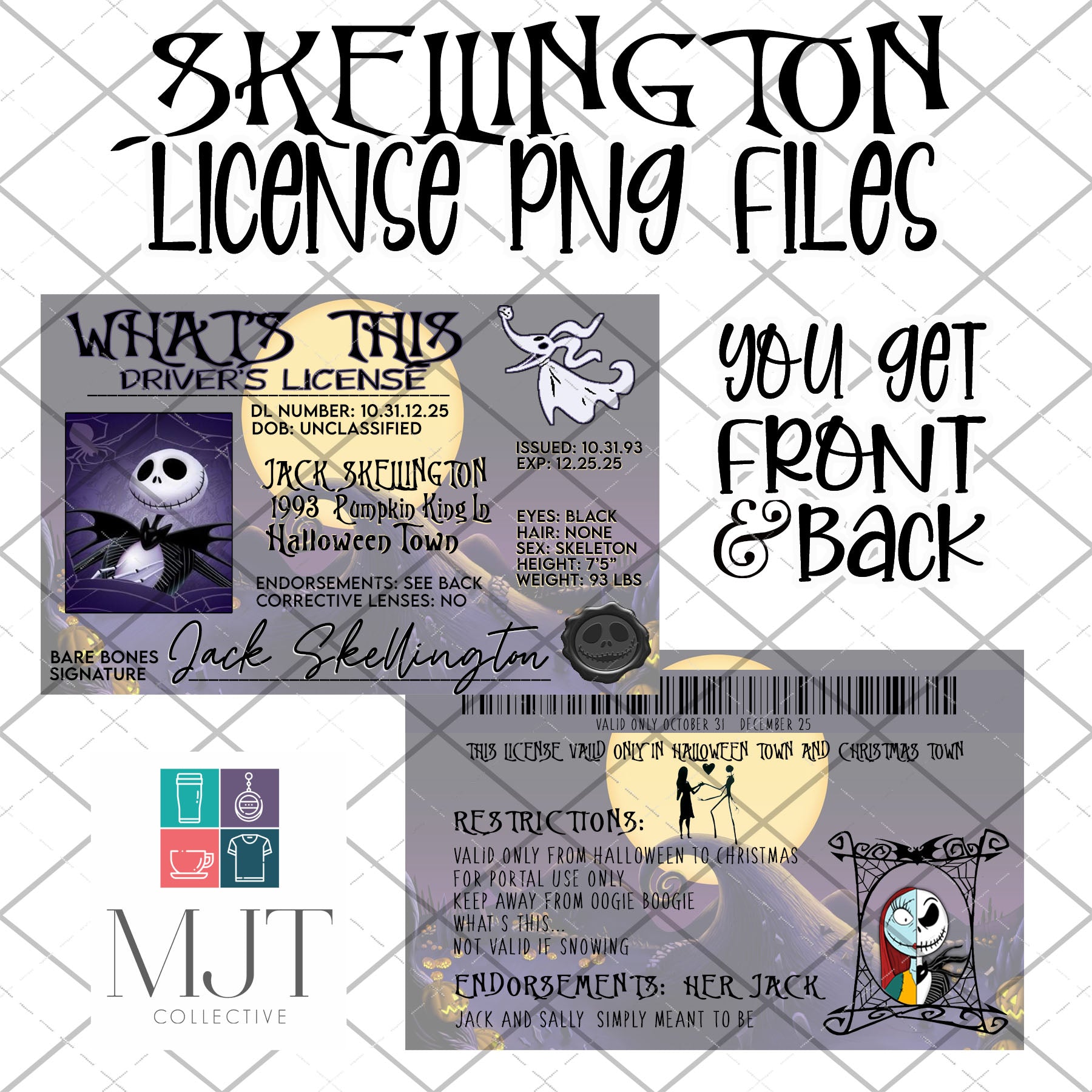Skellington License - PNG Files for sublimation - front and back